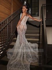 Shinning Silver V-neck Mermaid Beaded Lace Prom Dress with Slit and Rhinestones