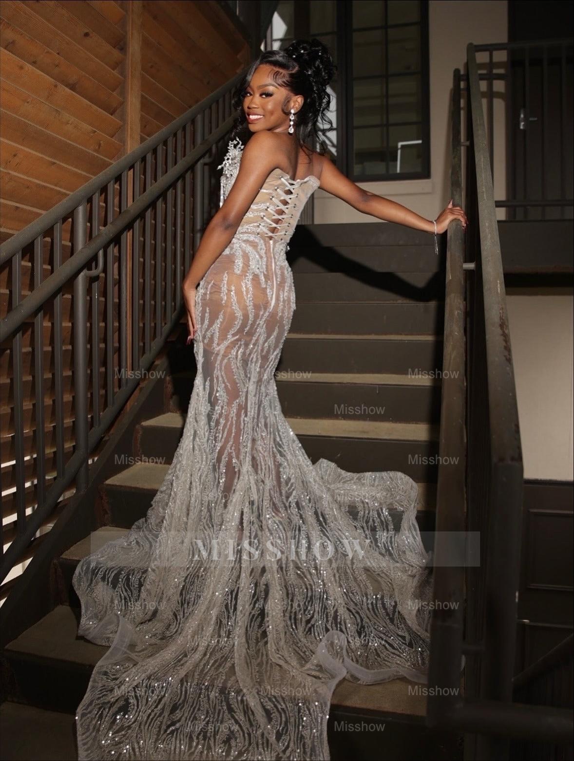 Silver v-neck split-front mermaid prom dress