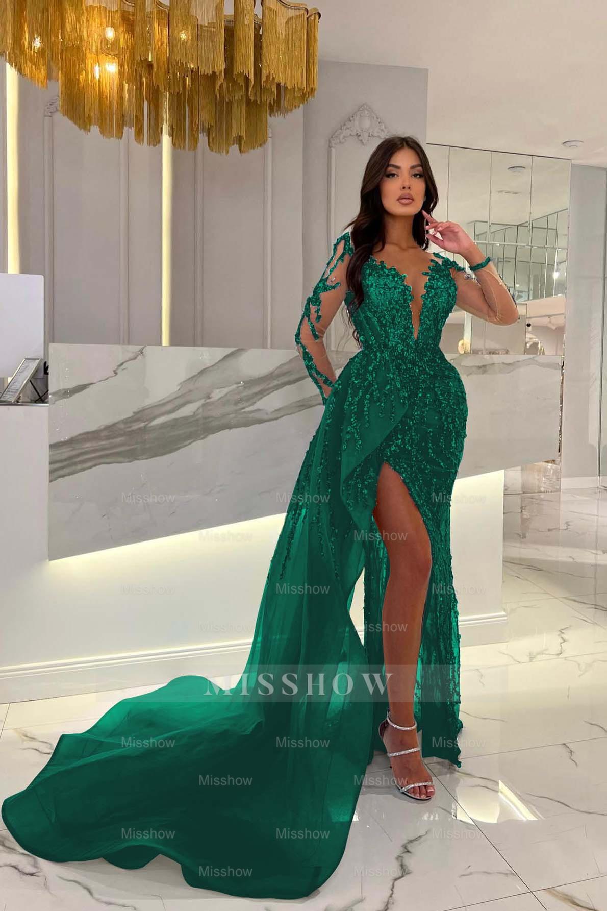 Shiny Blue Split Long Sleeves Mermaid Beaded Formal Dress Appliques Tulle