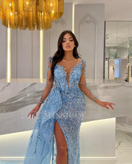 Shiny Blue Split Long Sleeves Mermaid Beaded Formal Dress Appliques Tulle