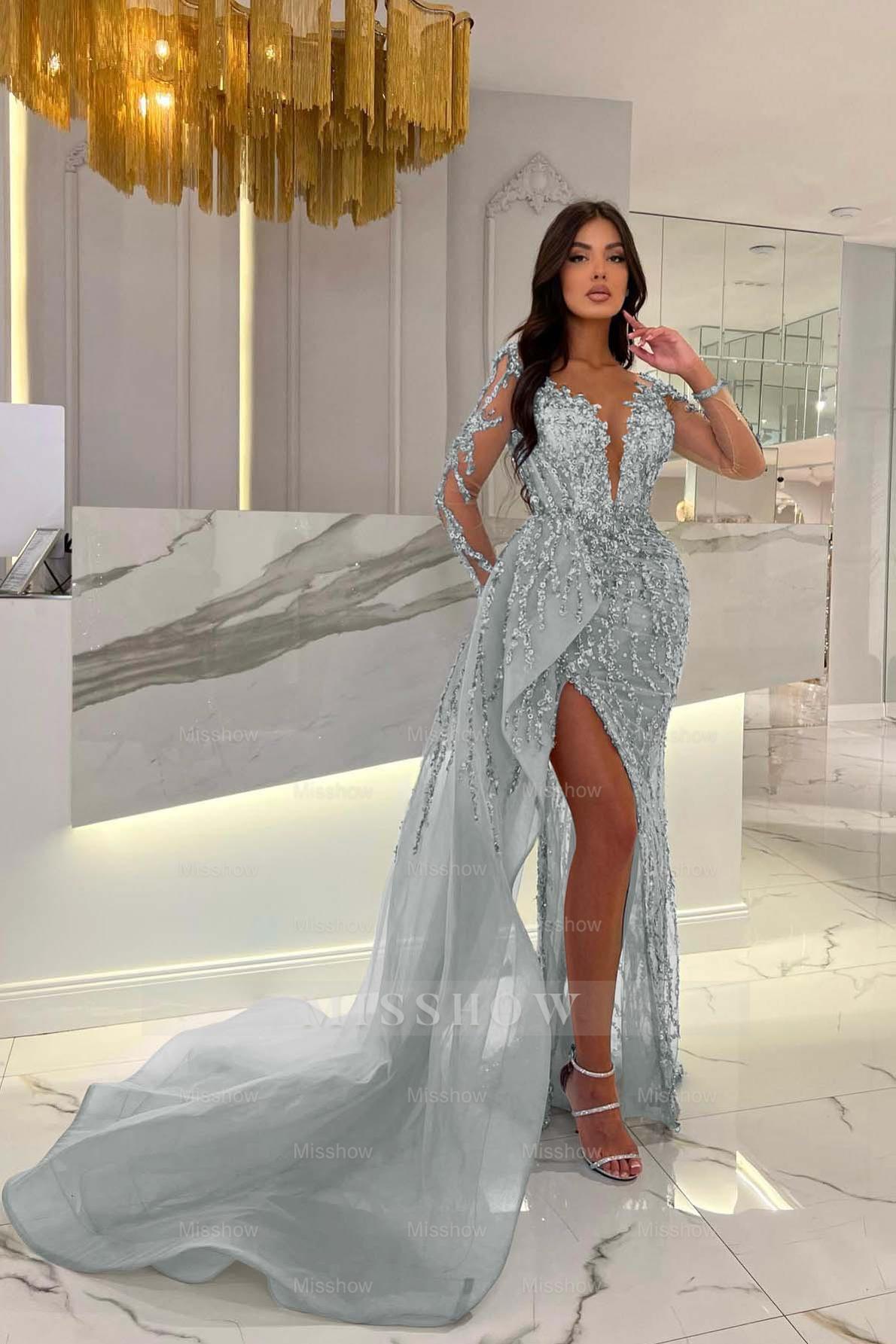 Shiny Blue Split Long Sleeves Mermaid Beaded Formal Dress Appliques Tulle