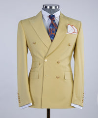Shiny Yellow Double Breasted Peak Lapel Prom Men’s Suits