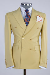 Shiny Yellow Double Breasted Peak Lapel Prom Men’s Suits