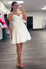 Short A-Line Prom Dress in White Satin with Sweetheart Neckline and Bows