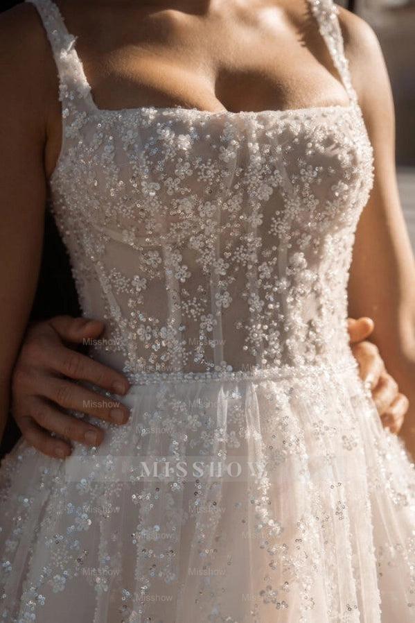 Short Ivory Square-Neck Sleeveless Ball Gown Wedding Dress with Sequins and Beadings