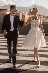 Short Ivory Square-Neck Sleeveless Ball Gown Wedding Dress with Sequins and Beadings