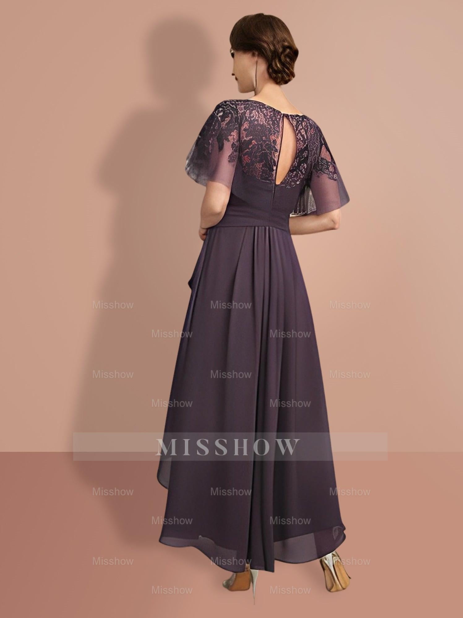 Short-Sleeve A-Line Princess Mother of the Bride Dress with Asymmetrical Design