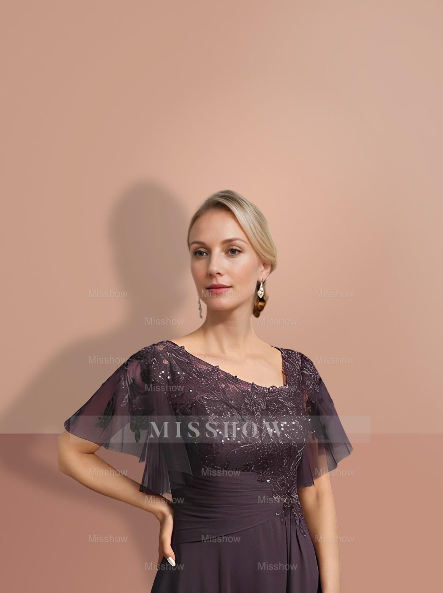 Short-Sleeve A-Line Princess Mother of the Bride Dress with Asymmetrical Design