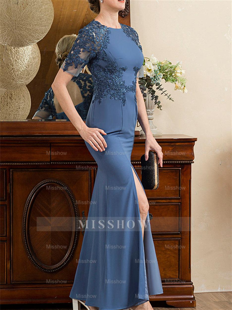 Short Sleeve Ankle-Length Trumpet/Mermaid Mother of the Bride Dress with Slit