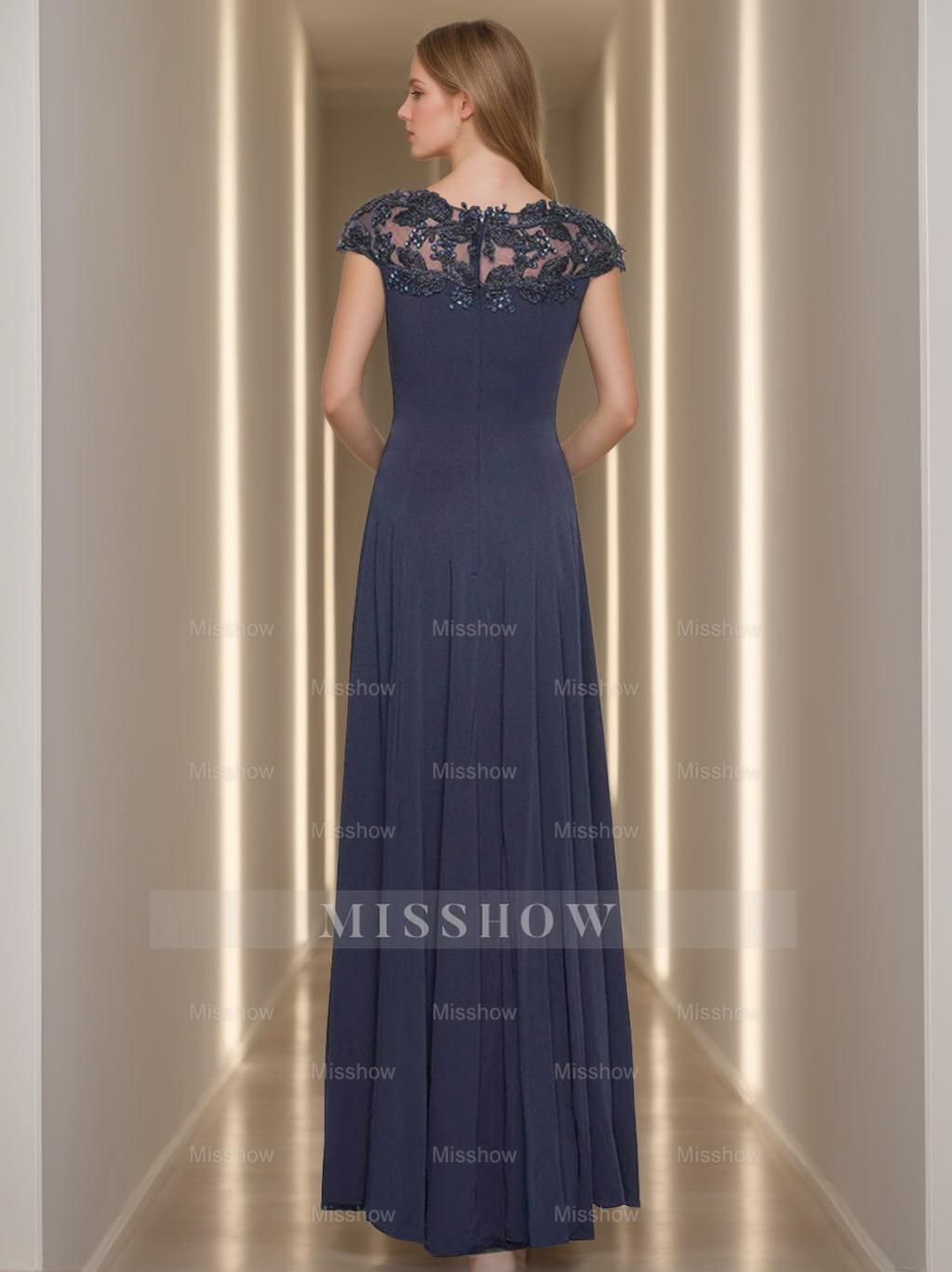Short Sleeve Floor-Length A-Line Princess Jewel Neck Mother of the Bride Dress with Appliques