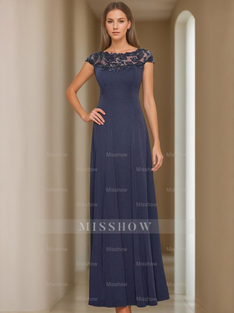 Short Sleeve Floor-Length A-Line Princess Jewel Neck Mother of the Bride Dress with Appliques