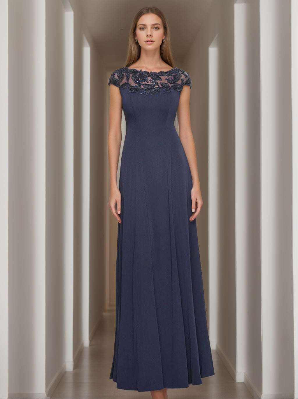 Short Sleeve Floor-Length A-Line Princess Jewel Neck Mother of the Bride Dress with Appliques