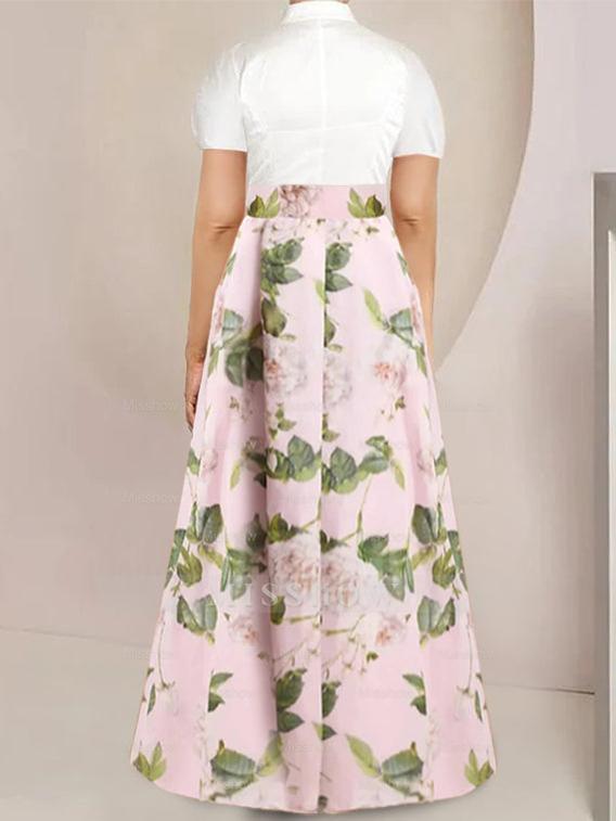 Short Sleeve Floral Printed Plus Size Mother of the Bride A-Line Dress with Bow Belt