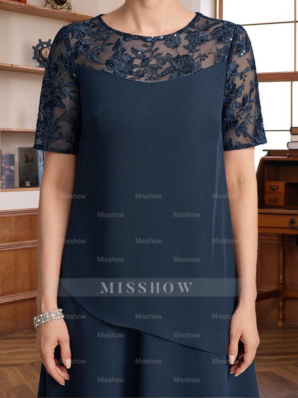 Short Sleeve Knee-Length A-Line Princess Jewel Neck Mother of the Bride & Groom Dress with Ruffles Lace Appliques and Sequins