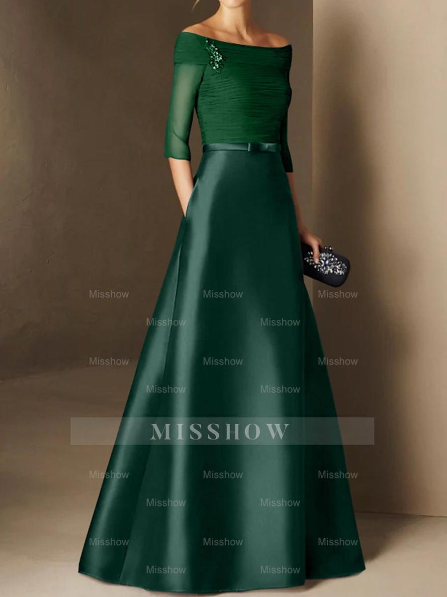 Short-Sleeve Off-the-Shoulder A-Line Mother of the Bride Dress with Belt Applique