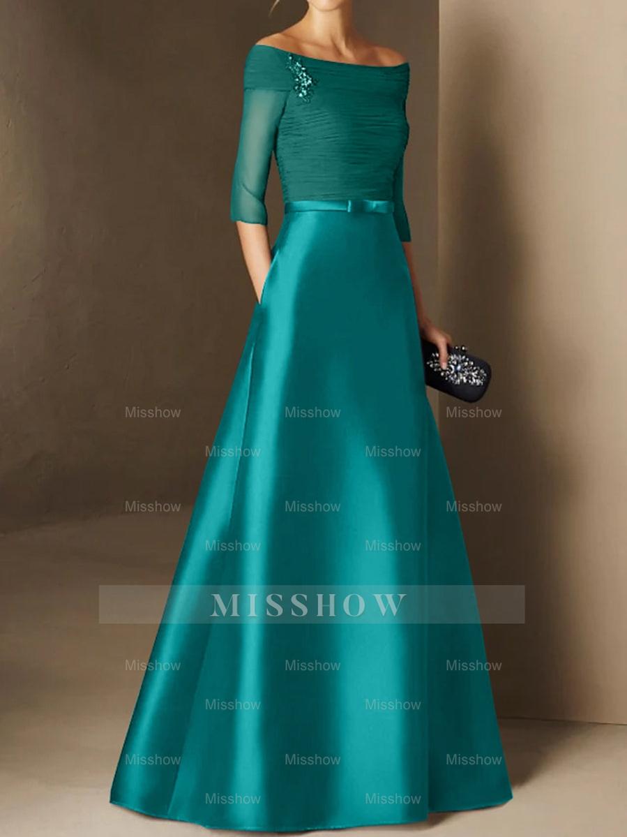 Short-Sleeve Off-the-Shoulder A-Line Mother of the Bride Dress with Belt Applique