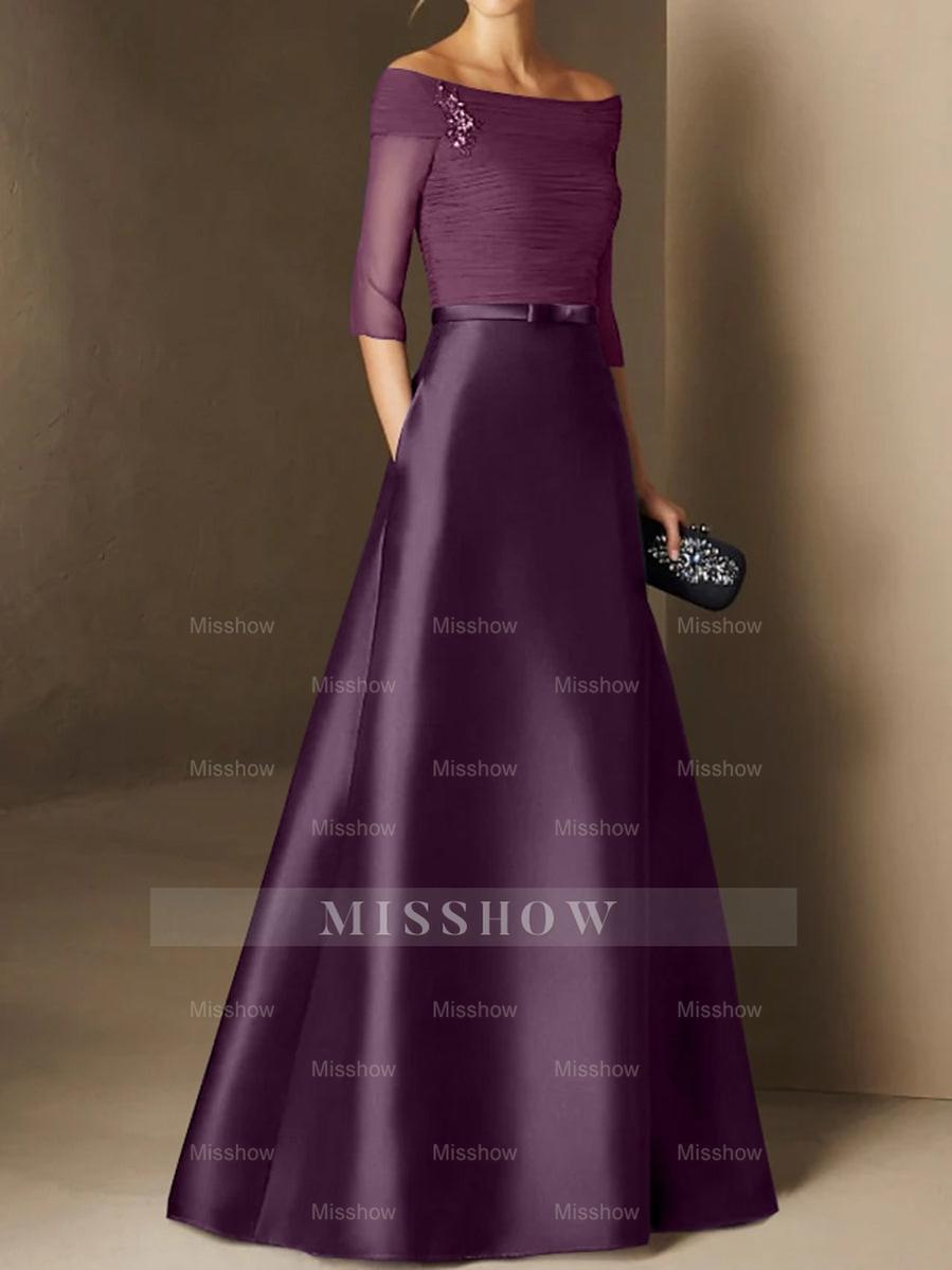 Short-Sleeve Off-the-Shoulder A-Line Mother of the Bride Dress with Belt Applique