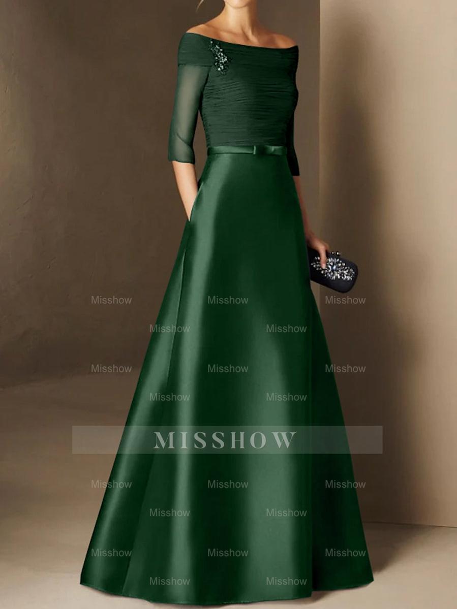 Short-Sleeve Off-the-Shoulder A-Line Mother of the Bride Dress with Belt Applique