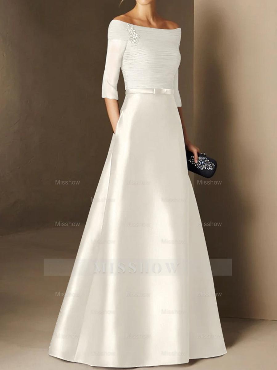 Short-Sleeve Off-the-Shoulder A-Line Mother of the Bride Dress with Belt Applique
