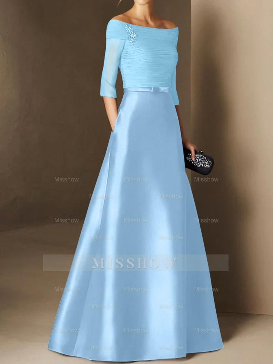 Short-Sleeve Off-the-Shoulder A-Line Mother of the Bride Dress with Belt Applique