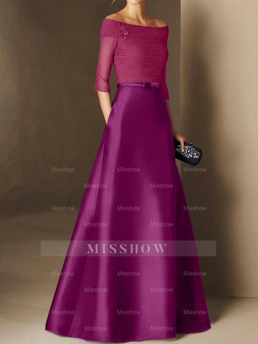 Short-Sleeve Off-the-Shoulder A-Line Mother of the Bride Dress with Belt Applique