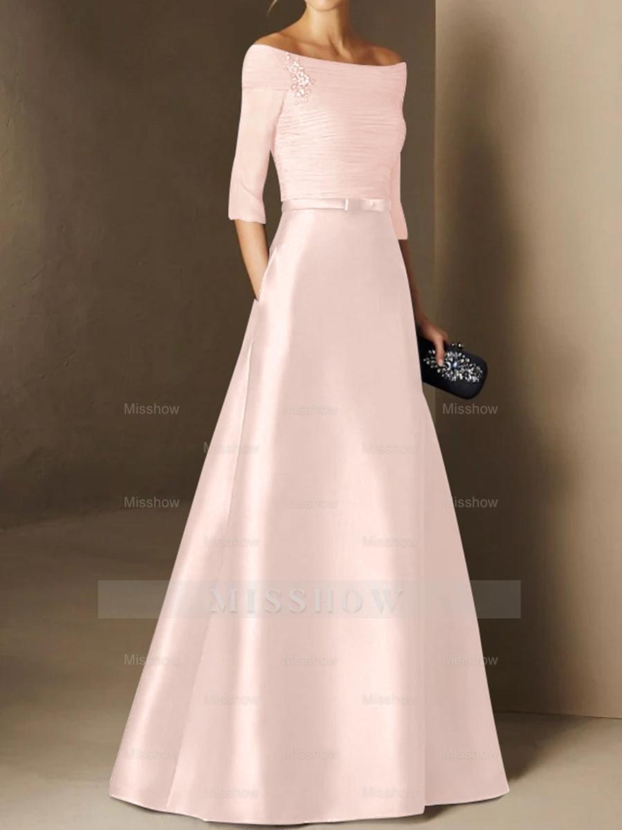 Short-Sleeve Off-the-Shoulder A-Line Mother of the Bride Dress with Belt Applique