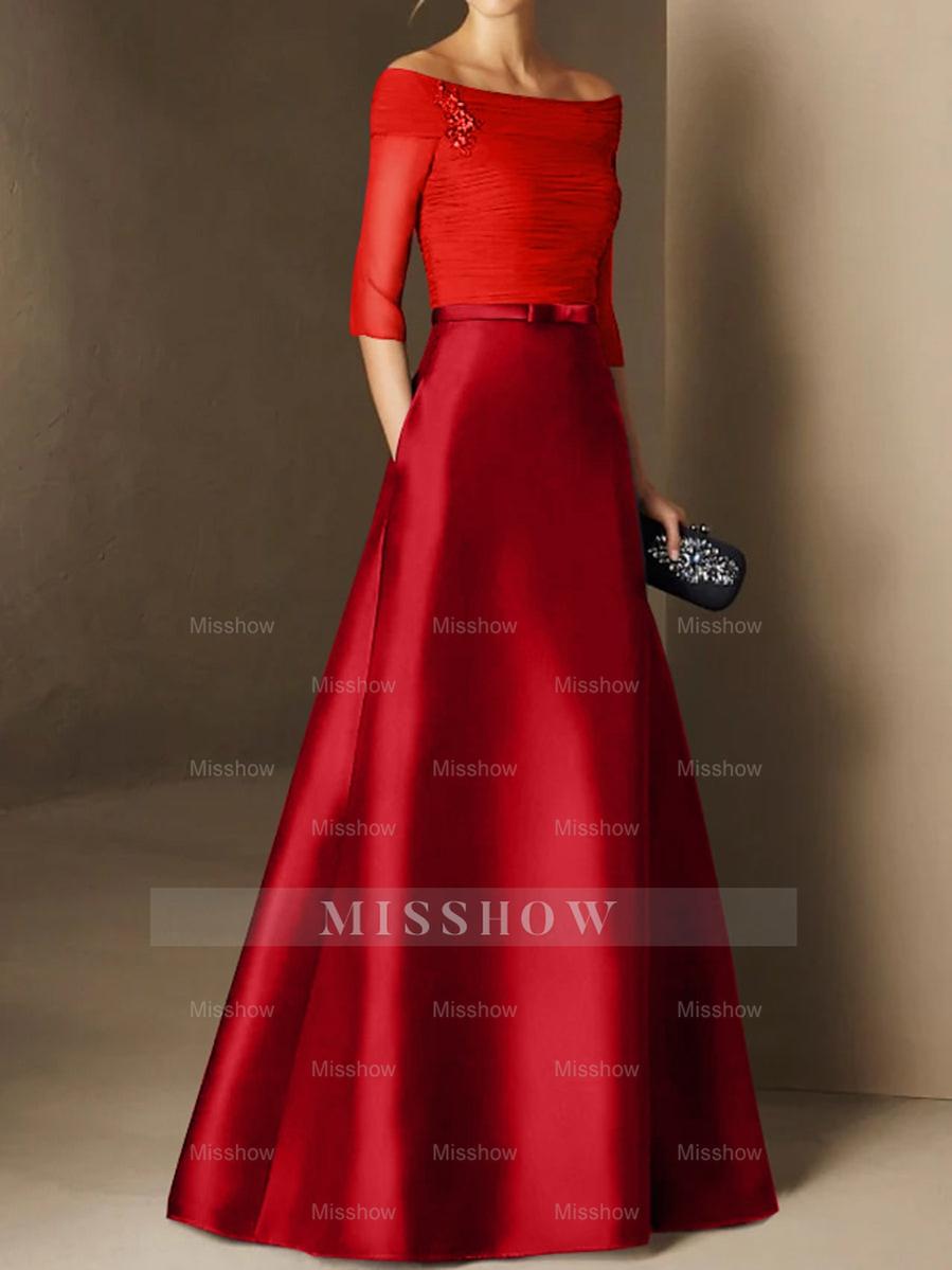 Short-Sleeve Off-the-Shoulder A-Line Mother of the Bride Dress with Belt Applique