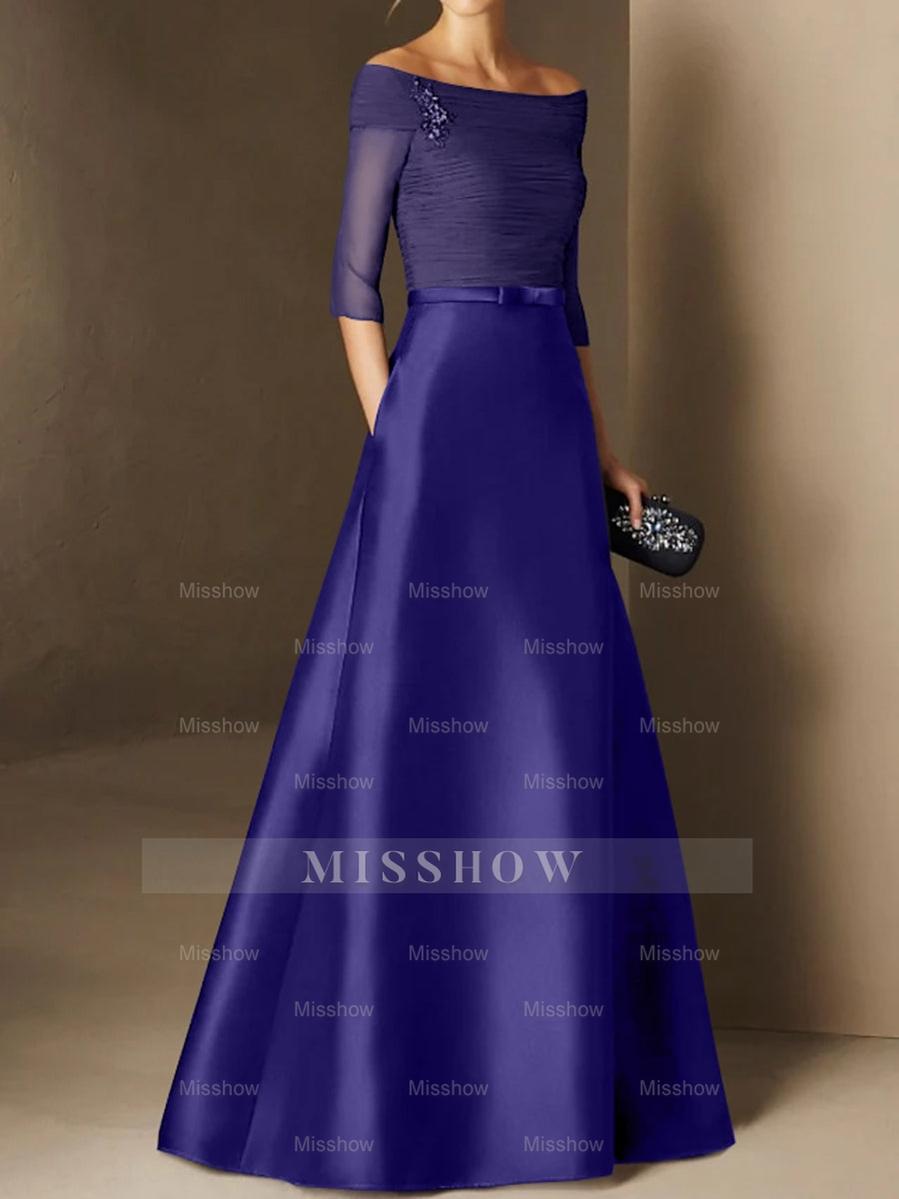 Short-Sleeve Off-the-Shoulder A-Line Mother of the Bride Dress with Belt Applique