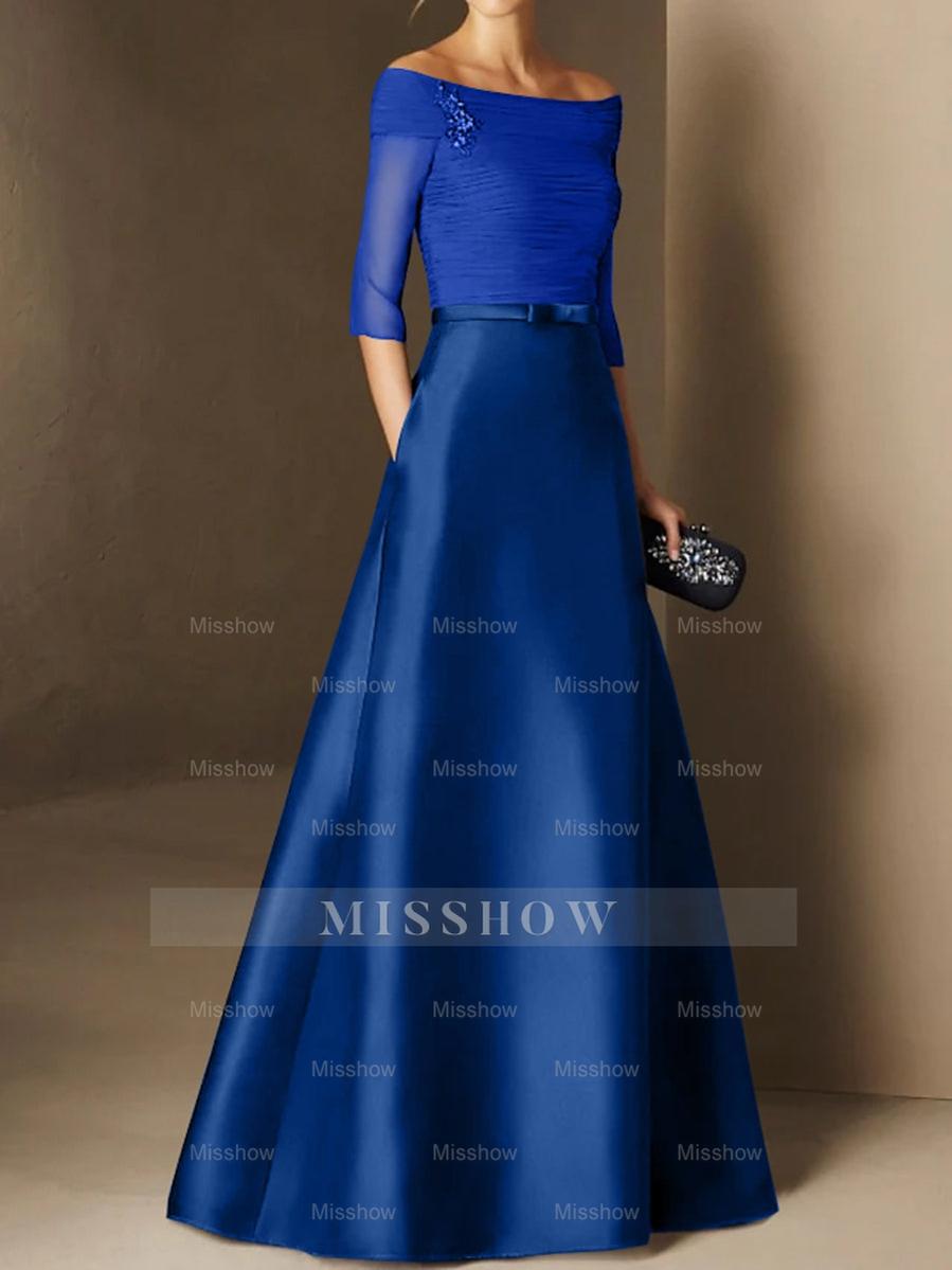Short-Sleeve Off-the-Shoulder A-Line Mother of the Bride Dress with Belt Applique