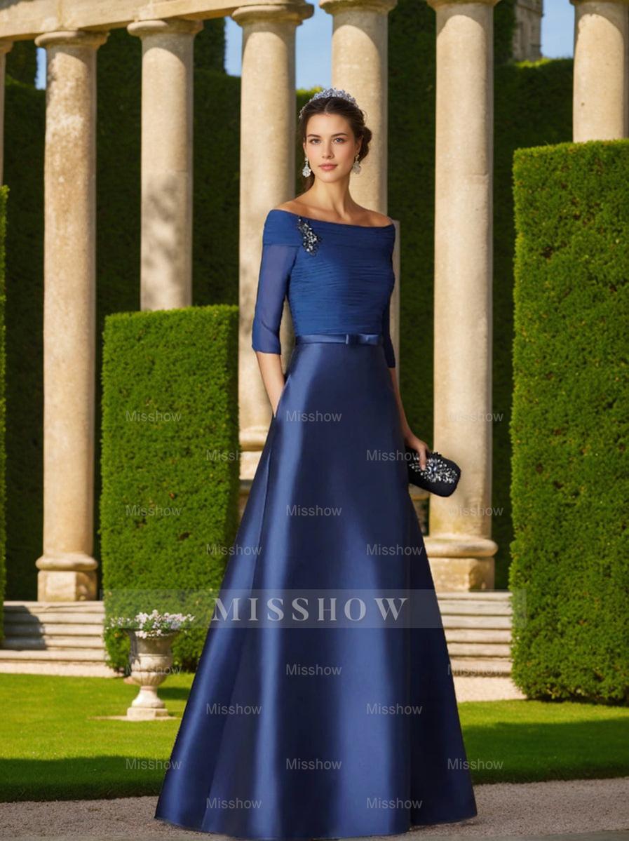 Short-Sleeve Off-the-Shoulder A-Line Mother of the Bride Dress with Belt Applique