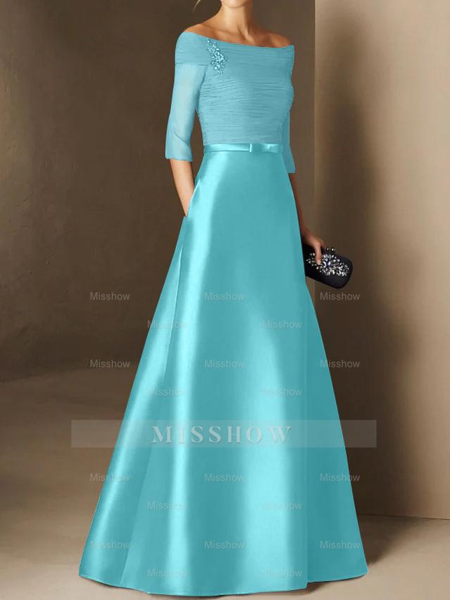 Short-Sleeve Off-the-Shoulder A-Line Mother of the Bride Dress with Belt Applique