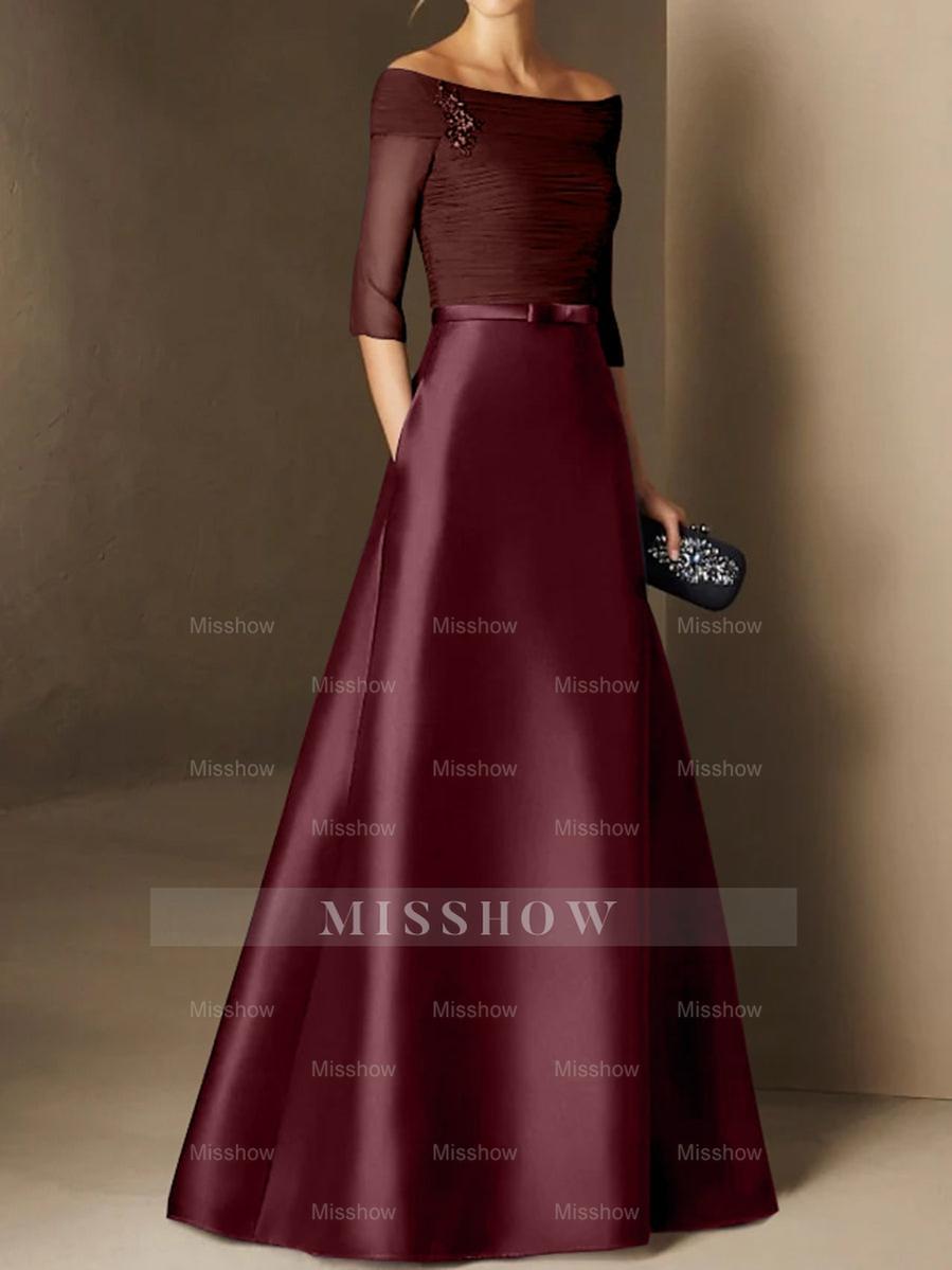 Short-Sleeve Off-the-Shoulder A-Line Mother of the Bride Dress with Belt Applique