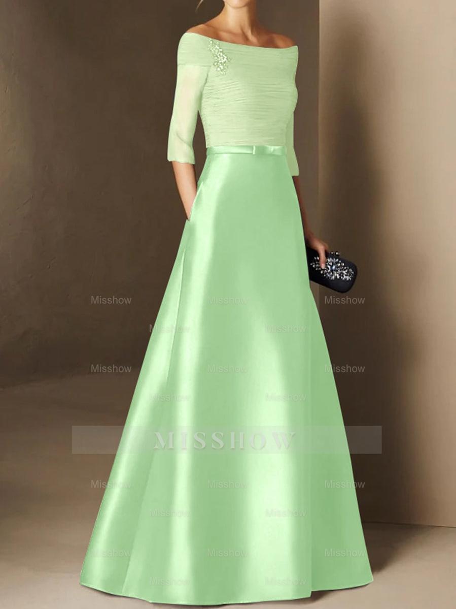 Short-Sleeve Off-the-Shoulder A-Line Mother of the Bride Dress with Belt Applique