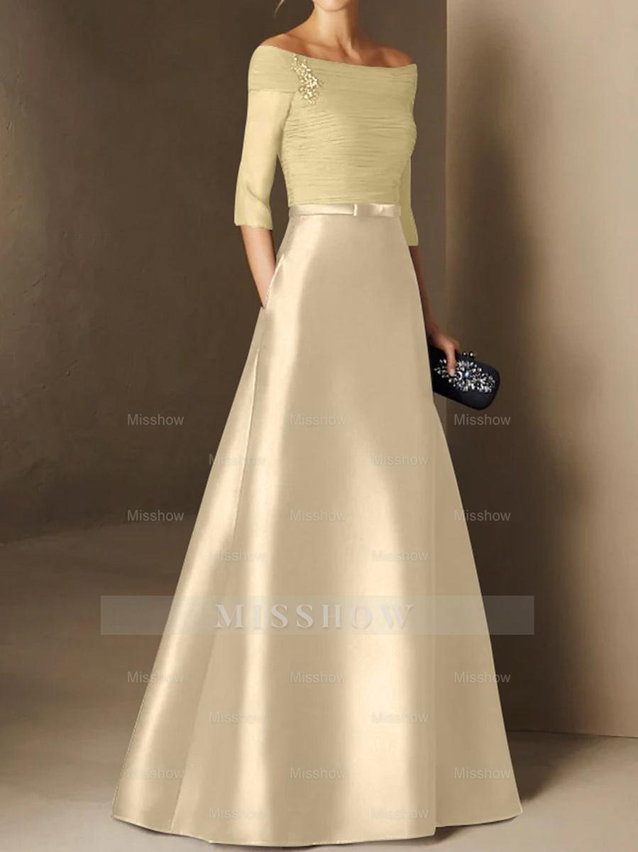 Short-Sleeve Off-the-Shoulder A-Line Mother of the Bride Dress with Belt Applique