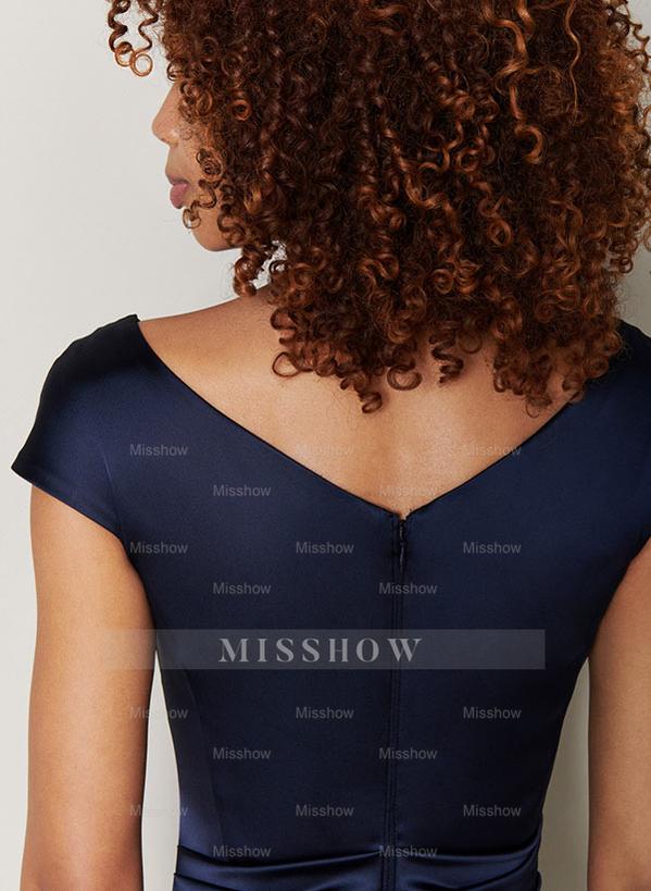 Short Sleeve Tea-Length Cowl Neck Sheath Dress with Ruffles for the Mother of the Bride