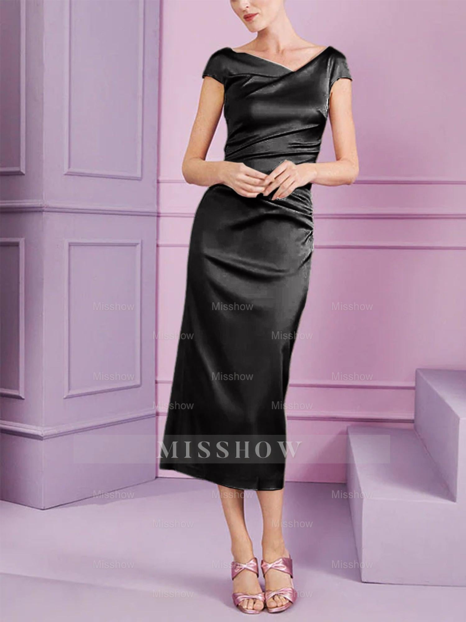 Short Sleeve Tea-Length Cowl Neck Sheath Dress with Ruffles for the Mother of the Bride