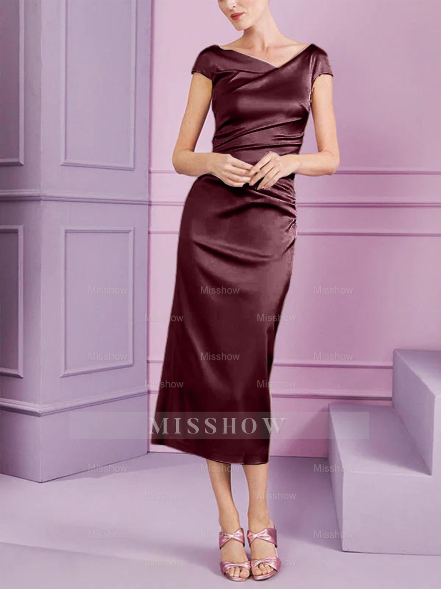 Short Sleeve Tea-Length Cowl Neck Sheath Dress with Ruffles for the Mother of the Bride