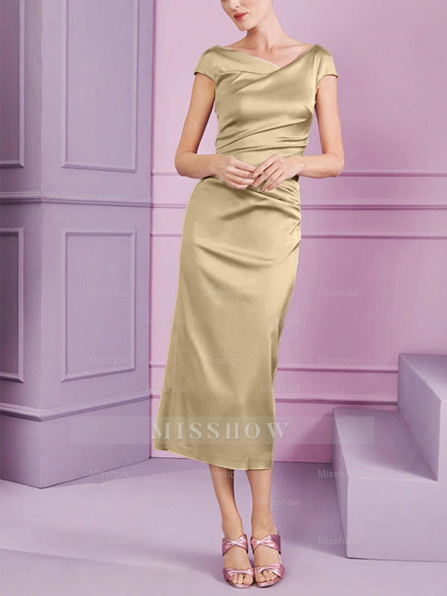 Short Sleeve Tea-Length Cowl Neck Sheath Dress with Ruffles for the Mother of the Bride
