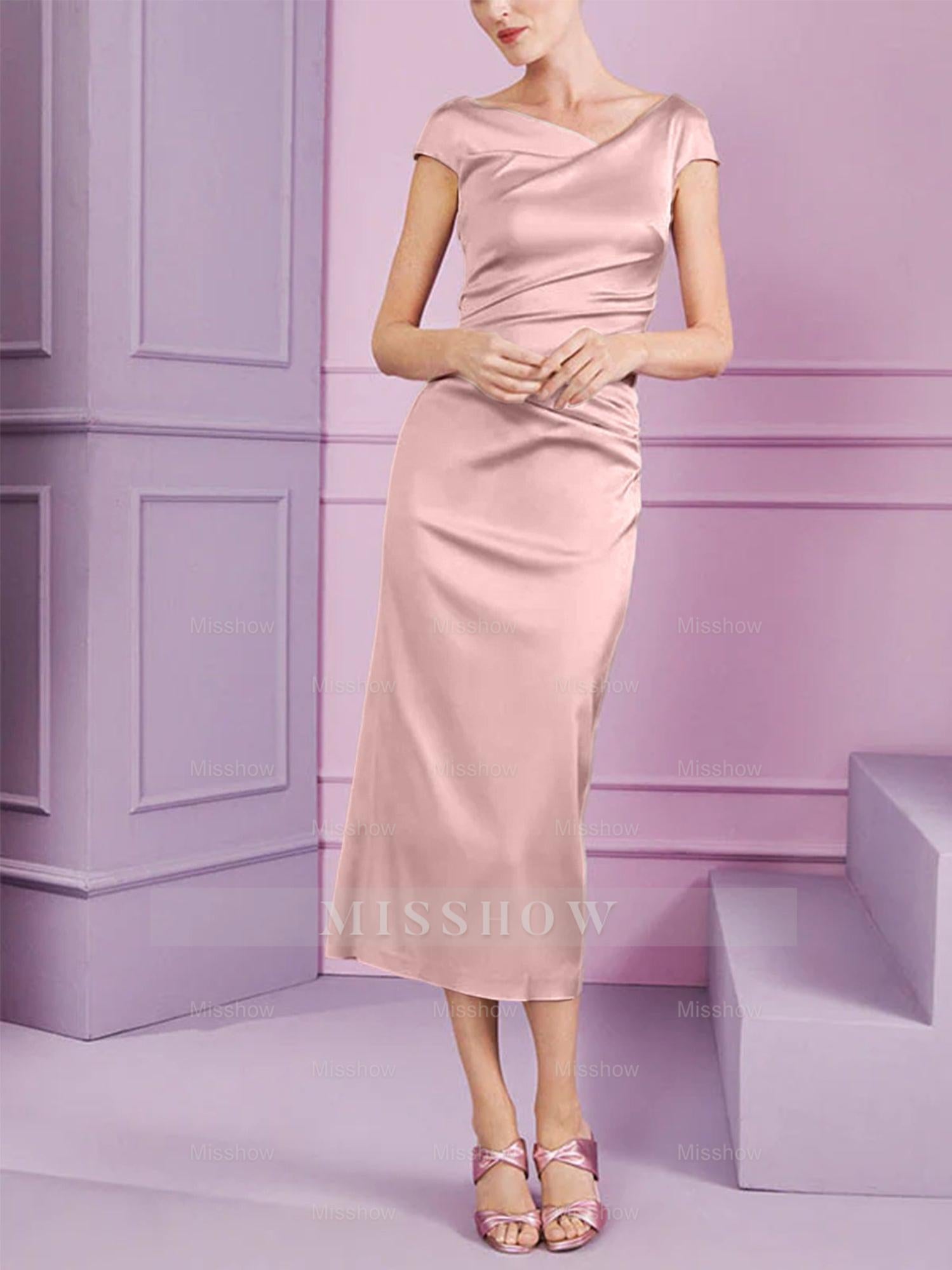 Short Sleeve Tea-Length Cowl Neck Sheath Dress with Ruffles for the Mother of the Bride