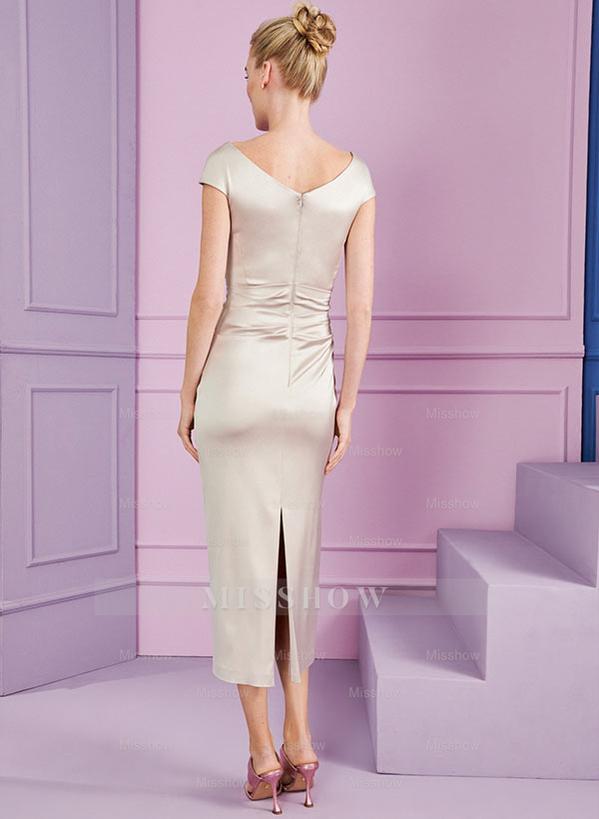 Short Sleeve Tea-Length Cowl Neck Sheath Dress with Ruffles for the Mother of the Bride