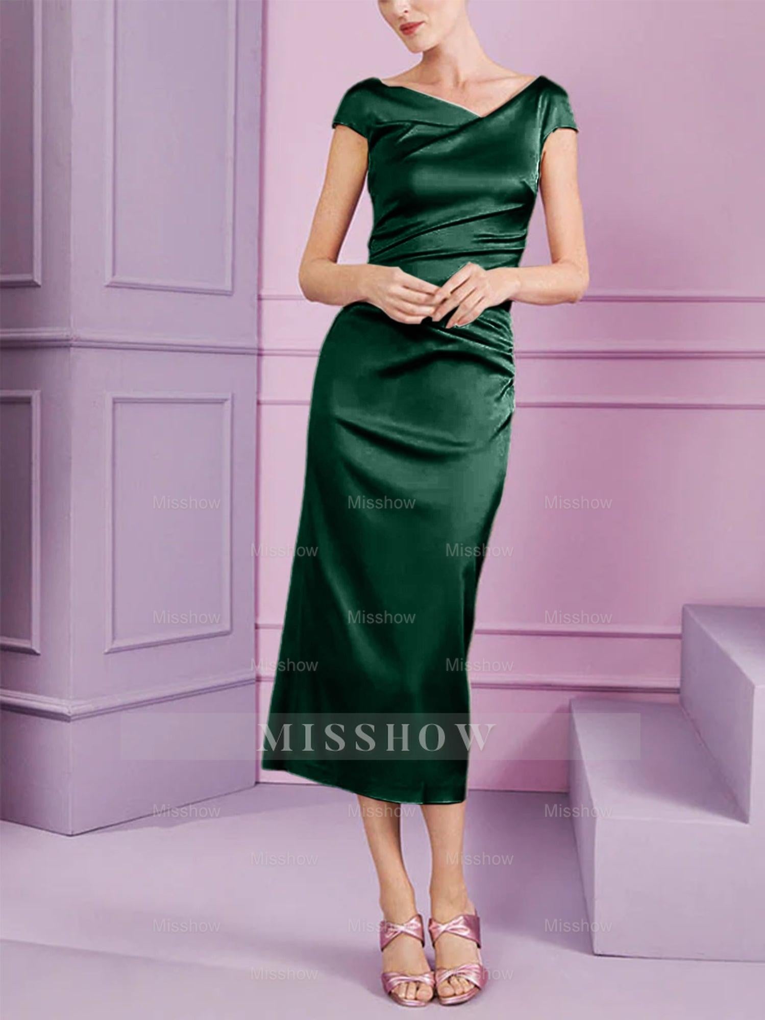 Short Sleeve Tea-Length Cowl Neck Sheath Dress with Ruffles for the Mother of the Bride