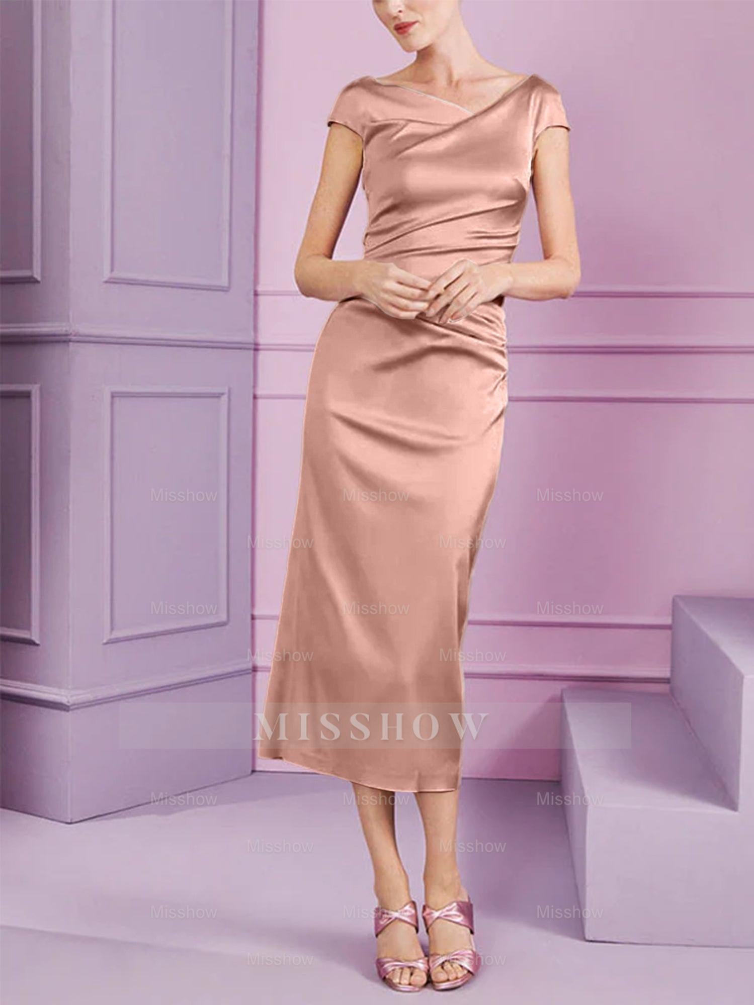 Short Sleeve Tea-Length Cowl Neck Sheath Dress with Ruffles for the Mother of the Bride