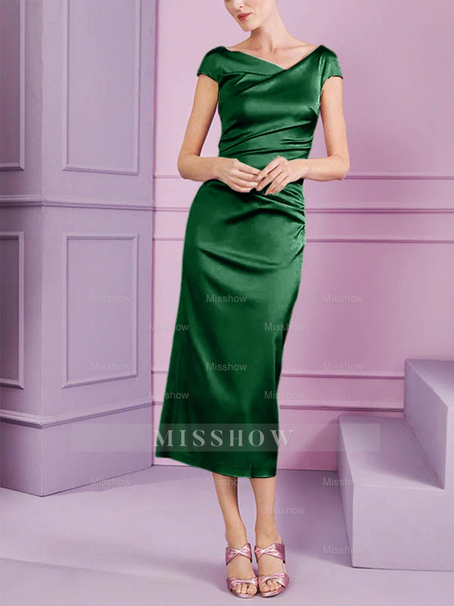Short Sleeve Tea-Length Cowl Neck Sheath Dress with Ruffles for the Mother of the Bride