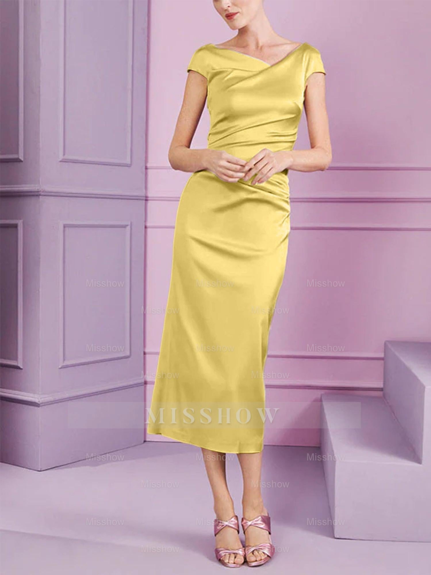 Short Sleeve Tea-Length Cowl Neck Sheath Dress with Ruffles for the Mother of the Bride