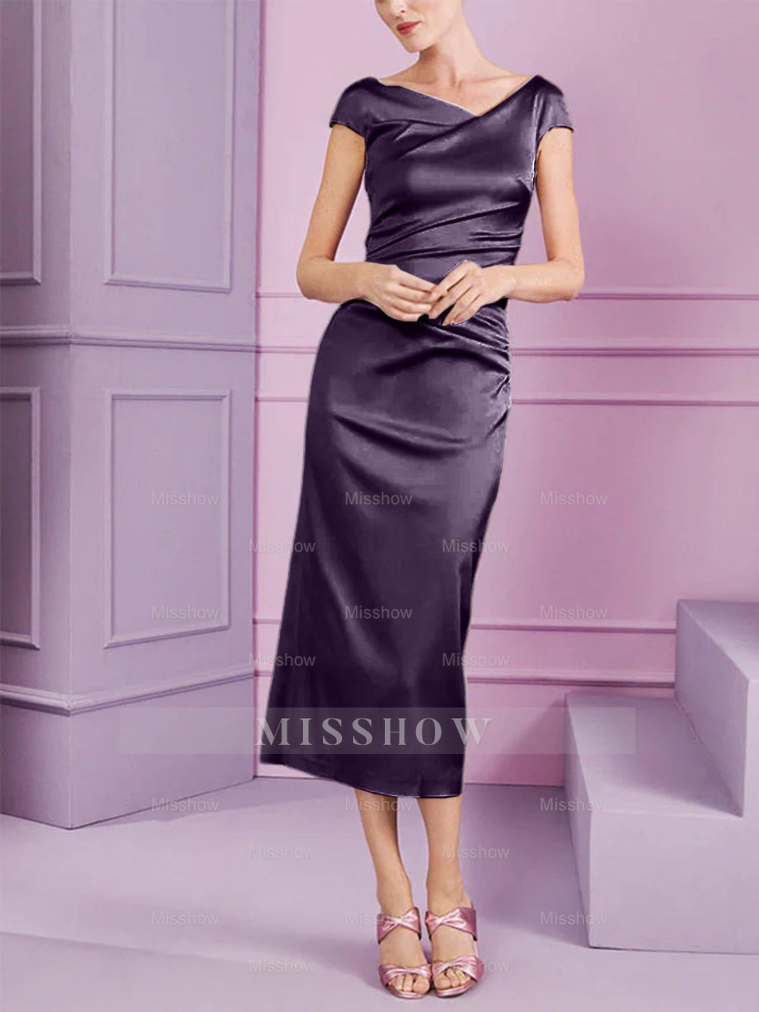 Short Sleeve Tea-Length Cowl Neck Sheath Dress with Ruffles for the Mother of the Bride