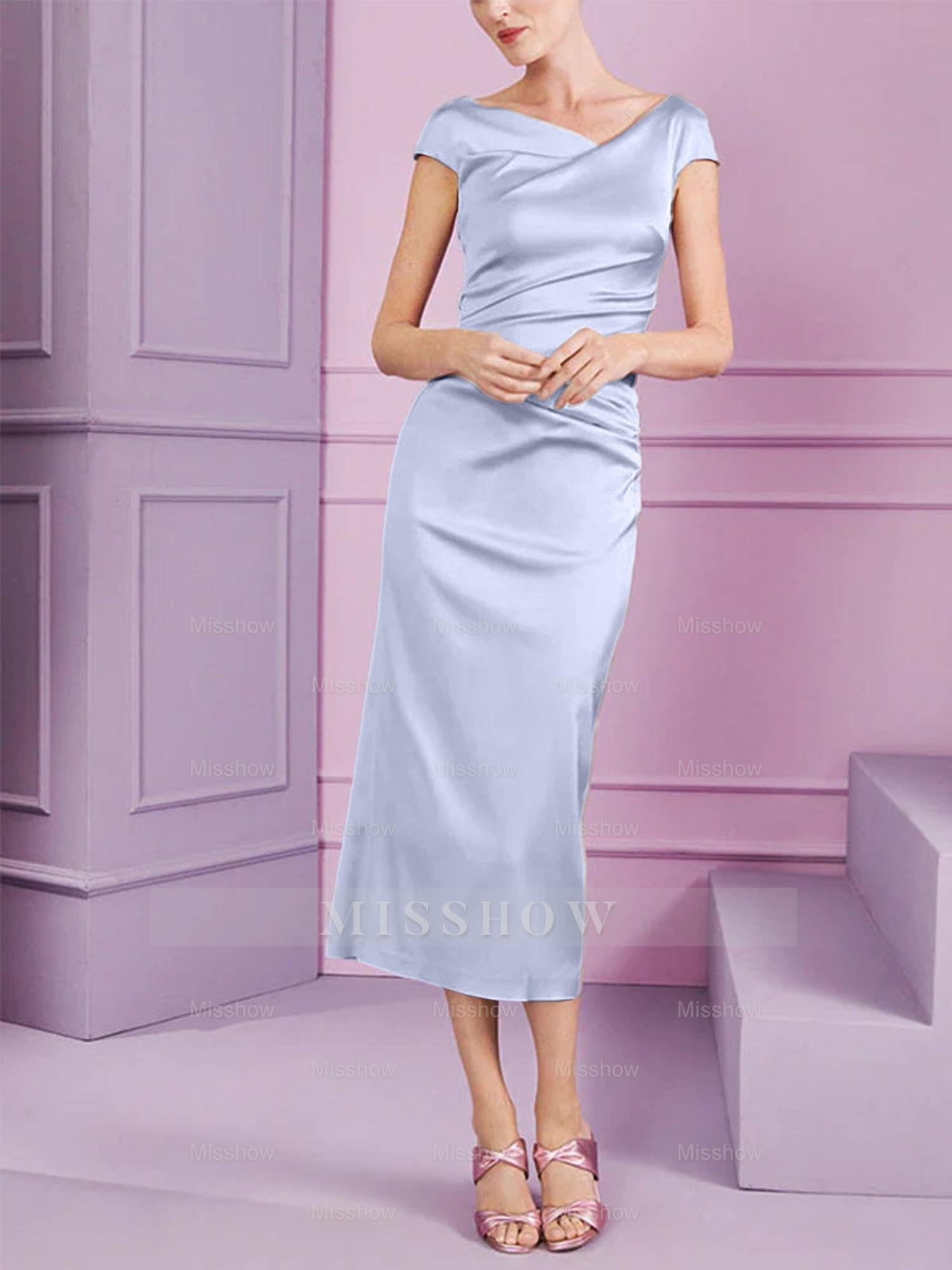 Short Sleeve Tea-Length Cowl Neck Sheath Dress with Ruffles for the Mother of the Bride