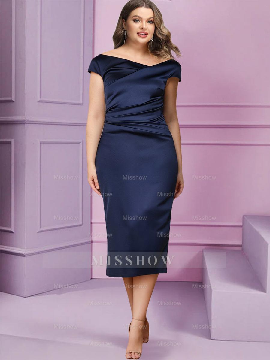 Short Sleeve Tea-Length Cowl Neck Sheath Dress with Ruffles for the Mother of the Bride