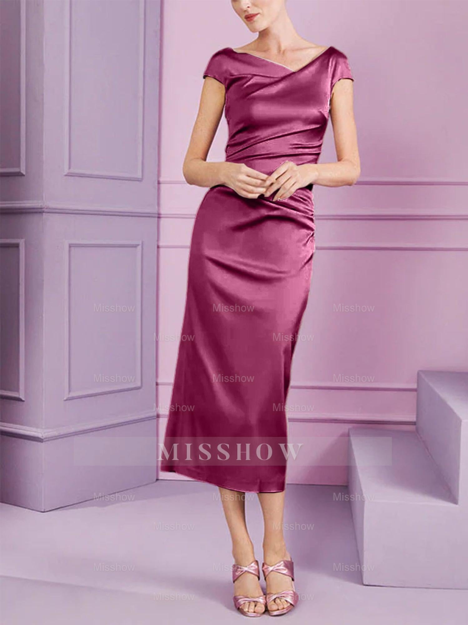 Short Sleeve Tea-Length Cowl Neck Sheath Dress with Ruffles for the Mother of the Bride
