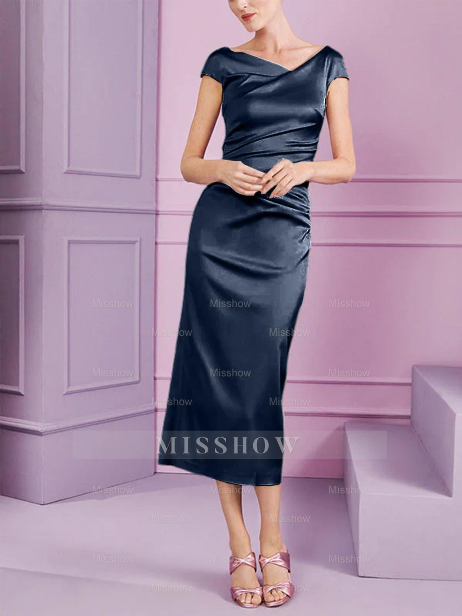 Short Sleeve Tea-Length Cowl Neck Sheath Dress with Ruffles for the Mother of the Bride