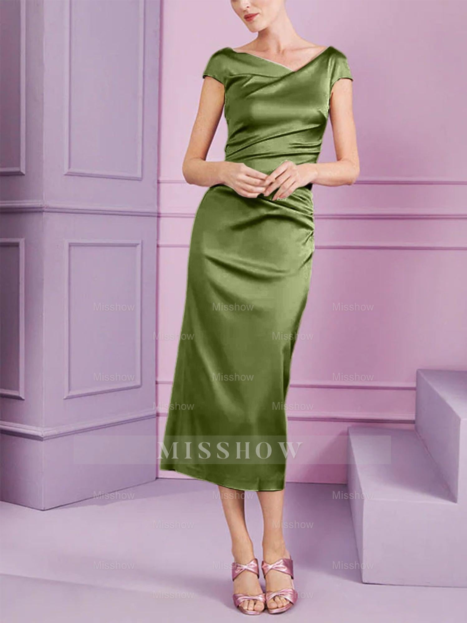 Short Sleeve Tea-Length Cowl Neck Sheath Dress with Ruffles for the Mother of the Bride